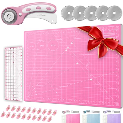 Rotary Cutter Set - Quilting Kit incl. 45mm Fabric Cutter, 5 Replacement Blades - Ideal for Crafting, Sewing, Patchworking, Crochet & Knitting (Pink, Cutting Mat Set (36" x 24")) - color: Pink, size: A1 (36" x 24")