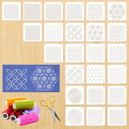 24Pcs Sashiko Stencil for Crafts, Reusable Embroidery Stencils Geometric Line Stencil Kit, Quilting Templates for Sewing Hand Quiltings Crafting Clothes