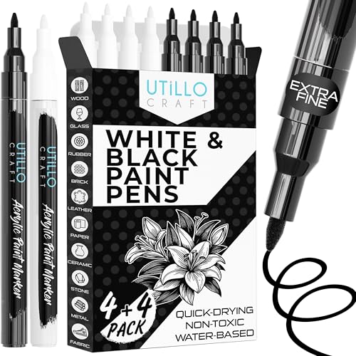 Utillo Craft Black and White Paint Pens (8-Pack), 0.7mm Extra Fine Markers - color: White+Black