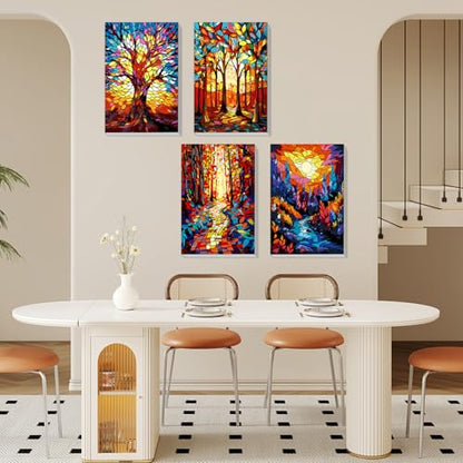 MISCER 4 Pack Framed Paint by Numbers Kit for Adults Beginners, Adult Paint by Number Kits On Canvas with Easel, Tree Sunset Easy Framed Paint by Numbers for Beginner Gift Home Wall Decor 8x12 inch