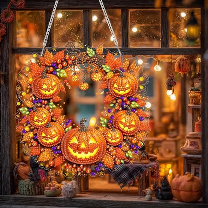 Eiflow Acrylic Diamond Art Hanging Kit for Adults, DIY Diamonds Painting Door Hanger Board Kit, Special Crystal Diamond Art Painting Pendant Ornament (Pumpkin Wreath) - color: Pumpkin Wreath