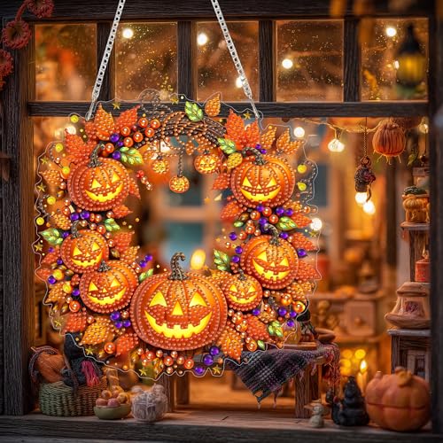 Eiflow Acrylic Diamond Art Hanging Kit for Adults, DIY Diamonds Painting Door Hanger Board Kit, Special Crystal Diamond Art Painting Pendant Ornament (Pumpkin Wreath) - color: Pumpkin Wreath