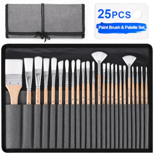 ESRICH 25Pcs Paint Brushes Set, 7 Shapes Paintbrushes for Acrylic Painting | Professional Soft Bristle Paint Brushes with Canvas Roll & Palette for Oil Watercolor Gouache, Ideal for Artists & Beginners