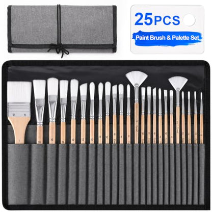 ESRICH 25Pcs Paint Brushes Set, 7 Shapes Paintbrushes for Acrylic Painting | Professional Soft Bristle Paint Brushes with Canvas Roll & Palette for Oil Watercolor Gouache, Ideal for Artists & Beginners