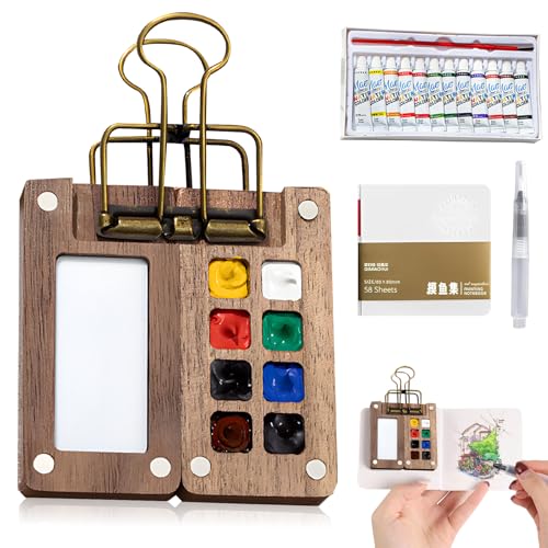 Mini Watercolor Paint Kit, New Portable Watercolor Paint Travel Set, 12 Color Pocket Artist Watercolour Travel Sets, Wooden Grid Paint Box for Painters Artists Students (8 Grids)