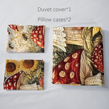 AILONEN Mushroom & Sunflower Duvet Cover Set Twin Size,Cartoon Flower Bee Quilt Cover with 2 Pillowcases, Soft Breathable 3Pcs - color: Mushroom110, size: Twin