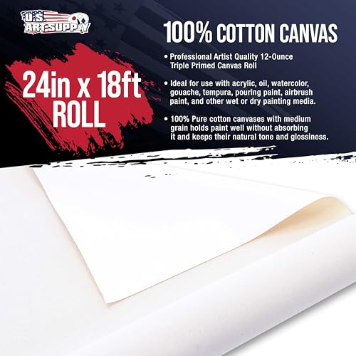 U.S. Art Supply 12-Ounce Triple Primed Gesso 24" Wide x 18' Long (6 Yards), 100% Cotton, Acid-Free - Unstretched Canvas Rolls for Painting, Oil & Acrylic, Murals - Cut to Frame Size - size: 24-Inch-x-6-Yards