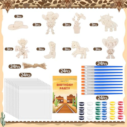 Saypacck 24 Pcs Cowboy Party Favors Wooden Paint Craft Kits | Rodeo Birthday Supplies, Cowgirl Theme Crafts, Western Party Activity, Thank You Gifts, Organza Bags for Goodie Fillers - style: Western Cowboy