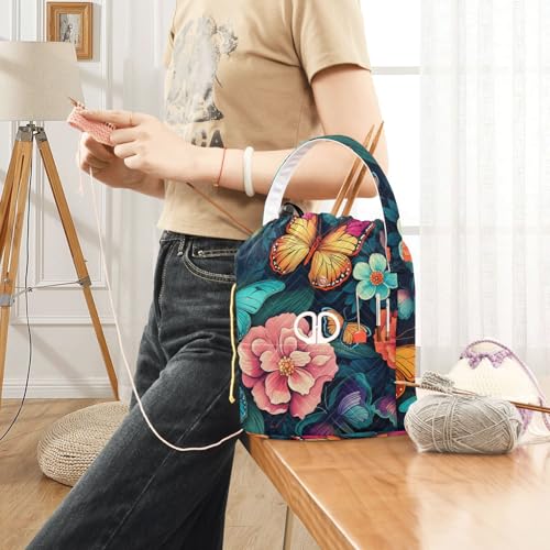Blue Butterfly Flowers Yarn Bag Small Crochet Bag Drawstring Yarn Storage Organizer Knitting Project Bags Potable Yarn Holder with Holes Handle Crocheting Needles Knitting Accessories - color: Blue Butterfly Flowers