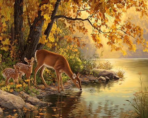 TUMOVO Paint by Numbers Kit for Adults Lake Deer Relaxing DIY Project | Herd of Deer Nature Landscape Unframed Canvas Painting, DIY Gift, Mindful Art Activity and Wall Decor, 16x20 Inch - color: Deer