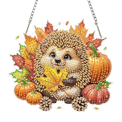 CEOVR Hedgehog Hanging Diamond Art for Adults, Fall Maple Leaf Diamond Painting Pendant, DIY Special Shape Gem Art Window Ornament, Acrylic Home Wall Decor with Chain, Box Kit 7.87×6.88inch - color: 1-Hedgehog