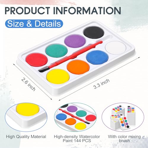 Outus 144 Pcs Watercolor Paint Set Bulk Mini Paint Set Washable Watercolor Palette with Painting Brushes for Art Party Supplies Prizes Stocking Stuffers, 3.3 x 2.6 Inch(8 Colors) - style: 8 Colors