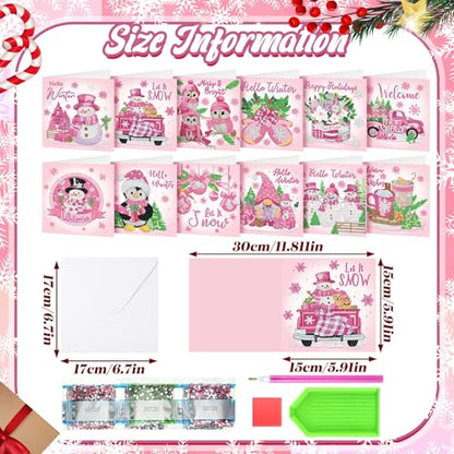 Saillong 12 Pack Pink Winter Diamond Painting Greeting Card Kits Winter Diamond Art Cards with Envelopes Snowman 5D Rhinestones Painting Making Kits for Adults DIY Craft Family Friend Holiday Gifts - color: Pink Winter