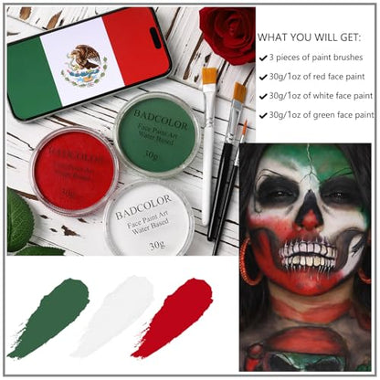 Green White Red World Cup Mexico Flag Face Body Paint Set, Face Painting Kit with Paintbrushes for Halloween Day of the Dead Catrina Makeup Clown Skull Tribal Warrior Christmas Elf Queen SFX Make-up - color: Dark Green+White+Red+3Pcs Brushes