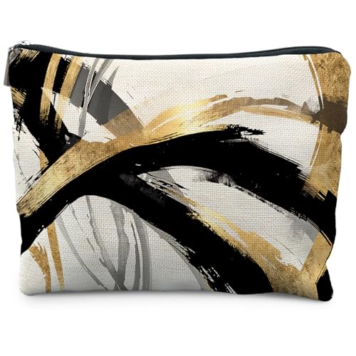 Abstract Black and Gold Makeup Bag, Boho Black White and Gold Cosmetic Bags for Women, Boho Gifts for Women, Mid Century Modern Zipper Makeup Pouch - color: Black gold
