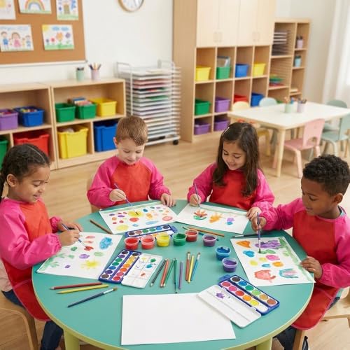Kids Art Smocks,Colorful Toddler Painting Apron Waterproof Artist Smock with Long Sleeve and 3 Pockets for Kids 3-7 - color: Red