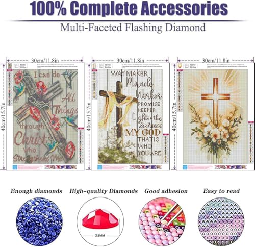 3 Pack Diamond Art Kits for Adults, Cross Diamond Painting Kit 11.8x15.7 in - color: 3 Pack Cross, size: 11.8x15.7in(30x40cm)