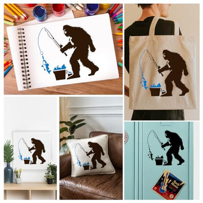 Sasquatch Fishing Stencil for Painting, 11.8"x11.8" Reusable Sasquatch Stencil Drawing Template, DIY Craft Paint Template for Wall Home Decor Wood Burning Card Journal Canvas - style: Fishing