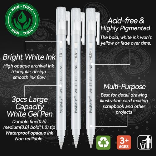 PANDAFLY White Gel Pens, 3-Pack, 0.5/0.8/1.0mm Assorted Tip | Opaque White Archival Ink Pens for Highlights, Black Paper Drawing, Sketching, Illustration, Card Making, Bullet Journaling - style: White-0.5+0.8+1.0mm