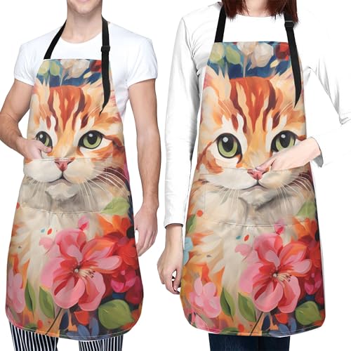 Art Apron with Pocket for Women Men | Kitchen Aprons Chef Apron for Cooking Baking BBQ Painting Gardening - color: Cat With Colorful Flowers