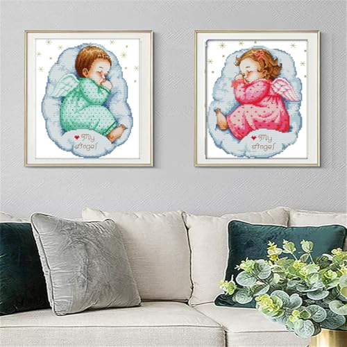 JOYSEWING Angel Girl Printed Cross Stitch for Adults Beginners Stamped Kits Counted Embroidery for Beginner Easy DIY Craft kit 11CT Cross Stitch Patterns-Asleep Angel (Girl) (Printed) 11×13.8 inch - color: Asleep angel bab(girl)