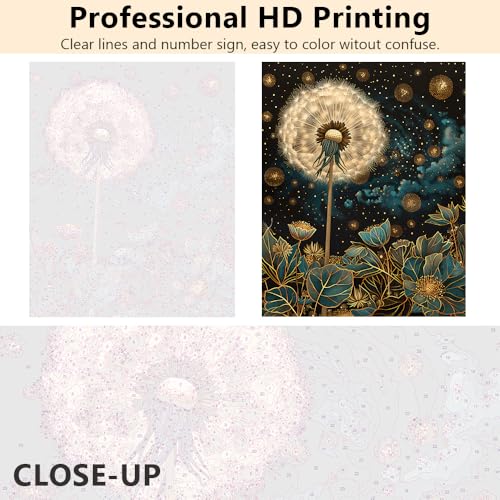 TUMOVO Paint by Numbers Kit for Adults Starry Night Dandelion Paint by Number Dandelion Flower Adult Paint by Number Kits DIY Adults' Paint-by-Number Kits with 3 Brushes Framed, 16 x20 Inch - color: Dandelion-Framed