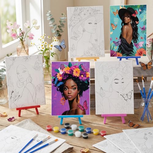 Blosssound 10 Set Pre Printed Canvas Pre Drawn Canvas Painting with Easel Kits 5" x 7" Outline Painting Panels for Beginners, DIY Craft Project, Party Favor, Home Decors(Flower Lady) - style: Flower Lady
