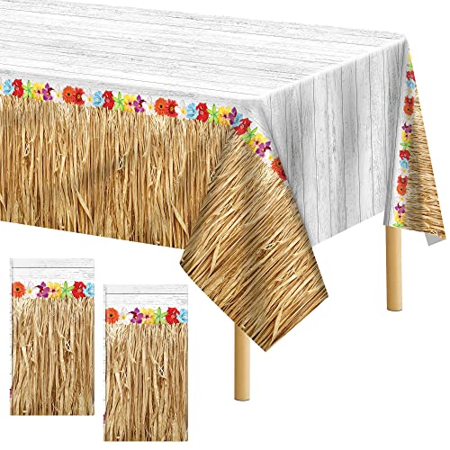 durony 2 Pack Hawaii Plastic Tablecloth Hawaiian Brown Grass Tablecloth Table Cover 54 x 108 Inches Waterproof Hawaii Flowers Tablecloth Table Cover for Hawaii Tropical Party Decorations - style: Brown Hawaiian