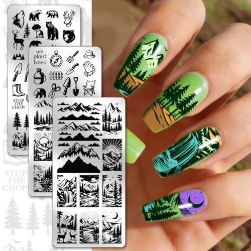 PH PandaHall 3pcs Tree Planting Nail Stamping Plate Wild Animals Nail Art Templates Forest Mountains Manicure Stamper Plate Protect Trees Nails Art Stencils for Women Print Manicures Salon Design - style: Tree Planting