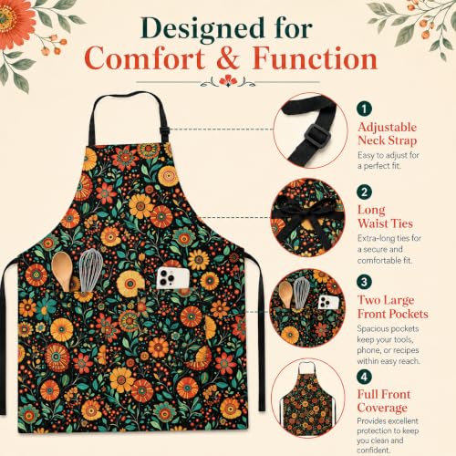 Flowers Apron with 2 Pockets Adjustable Stain Resistant Kitchen Cooking Apron for Baking BBQ Grilling Grilling Painting Gardening - color: Flowers