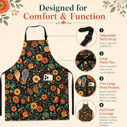Flowers Apron with 2 Pockets Adjustable Stain Resistant Kitchen Cooking Apron for Baking BBQ Grilling Grilling Painting Gardening - color: Flowers