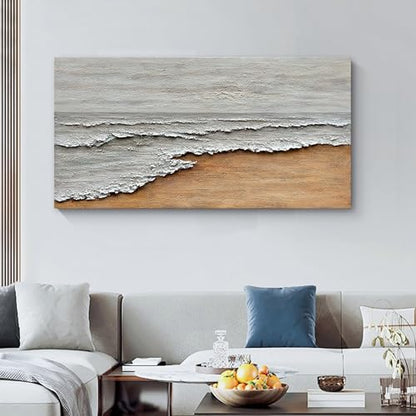 Art Hand-Painted Yellow and White Ocean Beach Landscape Oil Painting Modern Abstract Canvas Art Home Wall Decoration 24x48 inches - color: Dn169