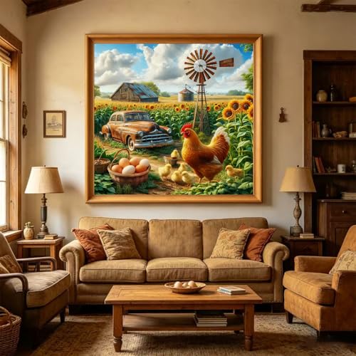 Accompany Wind Chicken Diamond Art Kits for Adults, 5D Farm Scenery Diamond Painting Kits for Beginners,DIY Round Full Drill Diamonds Gem Art Crafts for Home Wall Decor Gifts 14x14 Inch - color: Farm chicken