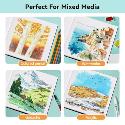 Arrtx Square Watercolor Sketchbook, 7.09" Cold Press | 140LB/300GSM, 100% Cotton, Hardcover, 24 Sheets. Ideal Travel Notebook for Artists, Adults, and Students - size: 7.09x7.09''