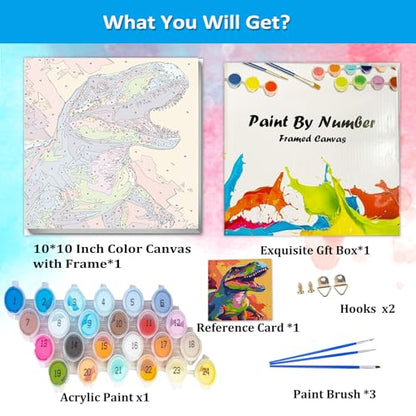 Artunion Framed Paint by Numbers Kit for Adults Beginners & Kids Ages 8-12,Colourful Dinosaur Paint by Number with Frame,Animals Paint by Numbers Kit on Canvas 10 * 10 Inch Without Easel - color: ZXT-183-F