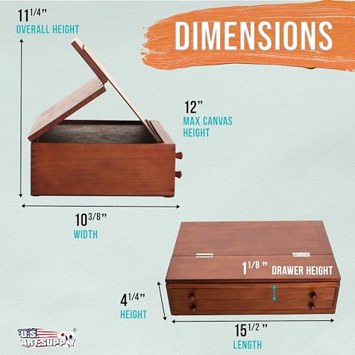 U.S. Art Supply 2-Drawer Artist Tool Supply Box with Locking Clasps & Fold-Up Drawing Easel - Walnut Color Art Box for Artist Supplies, Brushes, Pencils, Erasers, Tool Storage Organizer Case