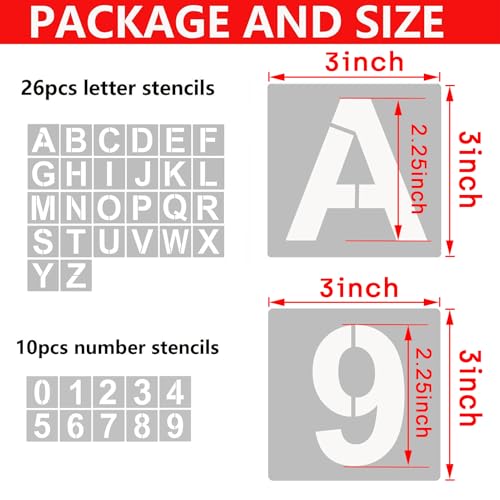 YEAJON 3 Inch Letter Stencils and Numbers, 36 Pcs Alphabet Art Craft Stencils, Reusable Plastic Templates for Wood, Wall, Fabric, Rock, Signage, DIY Art Projects - size: 3 Inch