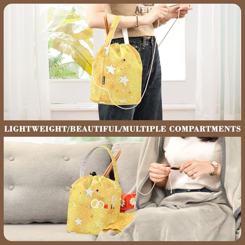 Cartoon Golden Stars and Dots Yarn Bag Small Crochet Bag Drawstring Yarn Storage Organizer Knitting Project Bags Potable Yarn Holder with Holes Handle Crocheting Needles Knitting Accessories - color: Cartoon Golden Stars and Dots