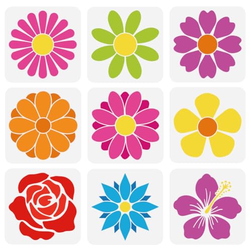 FINGERINSPIRE 9PCS Flowers Stencils for Painting 7.9x7.9inch Large Flowers Petals Drawing Templates Plastic PET Rose Daisy Flower Painting Stencils Plant Theme Templates for Wood Fabric - color: Flowers