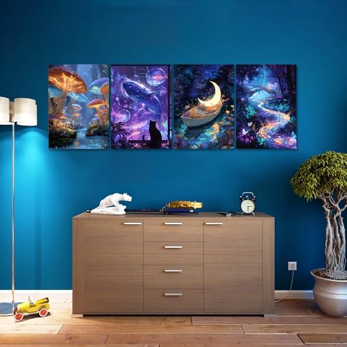 Muzagroo Art 4 Pcs Paint by Numbers Kits for Adults Framed Canvas with Wooden Easel DIY Beach Acrylic Oil Paintings Kits Paint by Numbers on Canvas Wall Art 8x12 inch (Magic Workd) - color: Magic Workd
