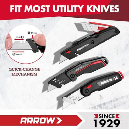 ARROW 100-Pack Utility Knife Blades, SK2 Steel Replacement Blades | Tempered Steel, Blade Dispenser, Sharp Edge, Box Cutting, Crafting, DIY Projects, Compatible Razor Knives