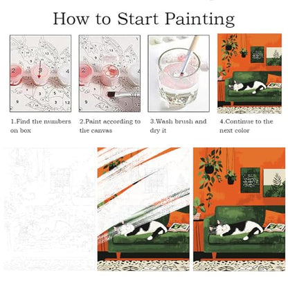 ZRIZQ Paint by Numbers Kit for Adults Beginner,Cat Sleeping Bedroom,16x20 | Full set with wooden brushes,rolled canvas,rich paints.Calming activity.Beginner friendly.Just open and paint. - color: 16"X20"Rolled Canvas(Frameless)-Cat 19