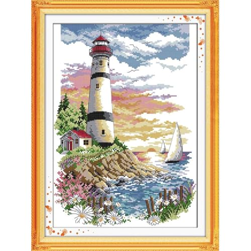 JOYSEWING Sea Scenery Counted Cross Stitch Kits for Adults DMC Colored Thread Embroidery Art, DIY Beginner-Friendly Home Decor Birthday Craft kit Wall Art -Lighthouse(Printed) 15×20.1 inch - color: Lighthouse
