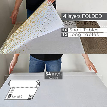 Neatiffy Disposable Plastic Table Cloth Roll with Slide Cutter | Waterproof Cover for Rectangle, Square, Oval Tables | Picnic, Party, Banquet, Birthdays, Weddings - White Gold Dots - color: White Golden Dot, size: 54 inches X 100 feet