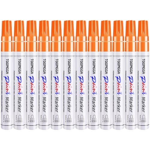 TOOMGGA 12 Orange Paint Pens Permanent Paint Markers, Oil Based Medium Tip | Marking Pens, Quick Drying, Waterproof, Fade-resistant, for Rock Painting, Car Tyre, Metal, Plastic, Canvas, Wood, Glass - color: Orange