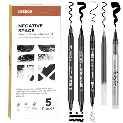5 Black Acrylic Pens Set, Black Gel Pens, Dual-Tip Acrylic Paint Markers | Opaque Brush Tip Black Acrylic Markers for Highlighting Drawing, Sketching, Illustration, Card Making