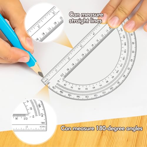 3 Pcs Clear Protractor and Compasses Set, Plastic Clear Ruler 12 Inch | Professional Geometry Set, 6 Inch Protractor ,Durable Transparent Drawing Measuring Rulers for School Office