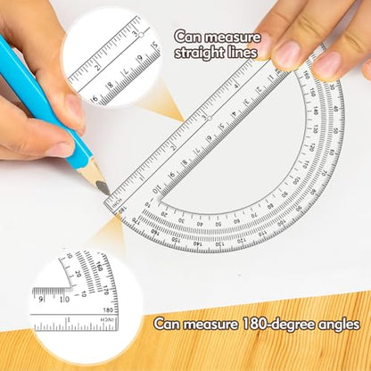 3 Pcs Clear Protractor and Compasses Set, Plastic Clear Ruler 12 Inch | Professional Geometry Set, 6 Inch Protractor ,Durable Transparent Drawing Measuring Rulers for School Office