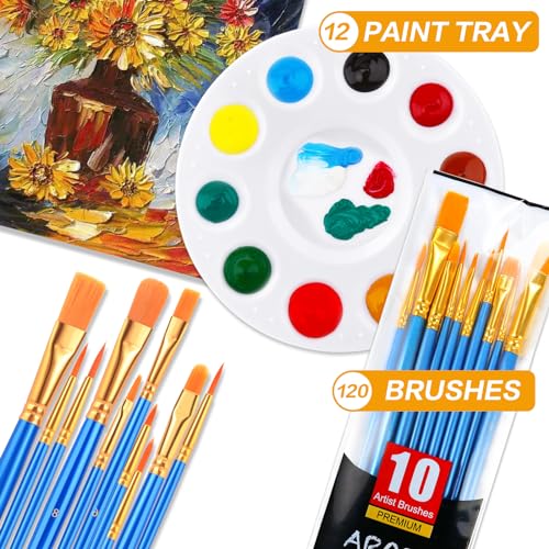 AROIC Paint Brush Palette Set, 12 Packs of 120 Brushes and 12 Tray Palettes | Nylon Brush Head, Suitable for Oil Watercolor, etc., Perfect Art Painting Set - size: 120 Brushes 12 Palettes