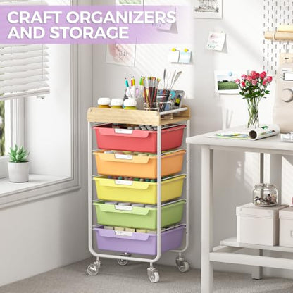 SYKIARIOL Utility Cart with 5 Labeling Drawers and Wooden Tabletop - color: Jelly Bean Color, size: 5-Drawer